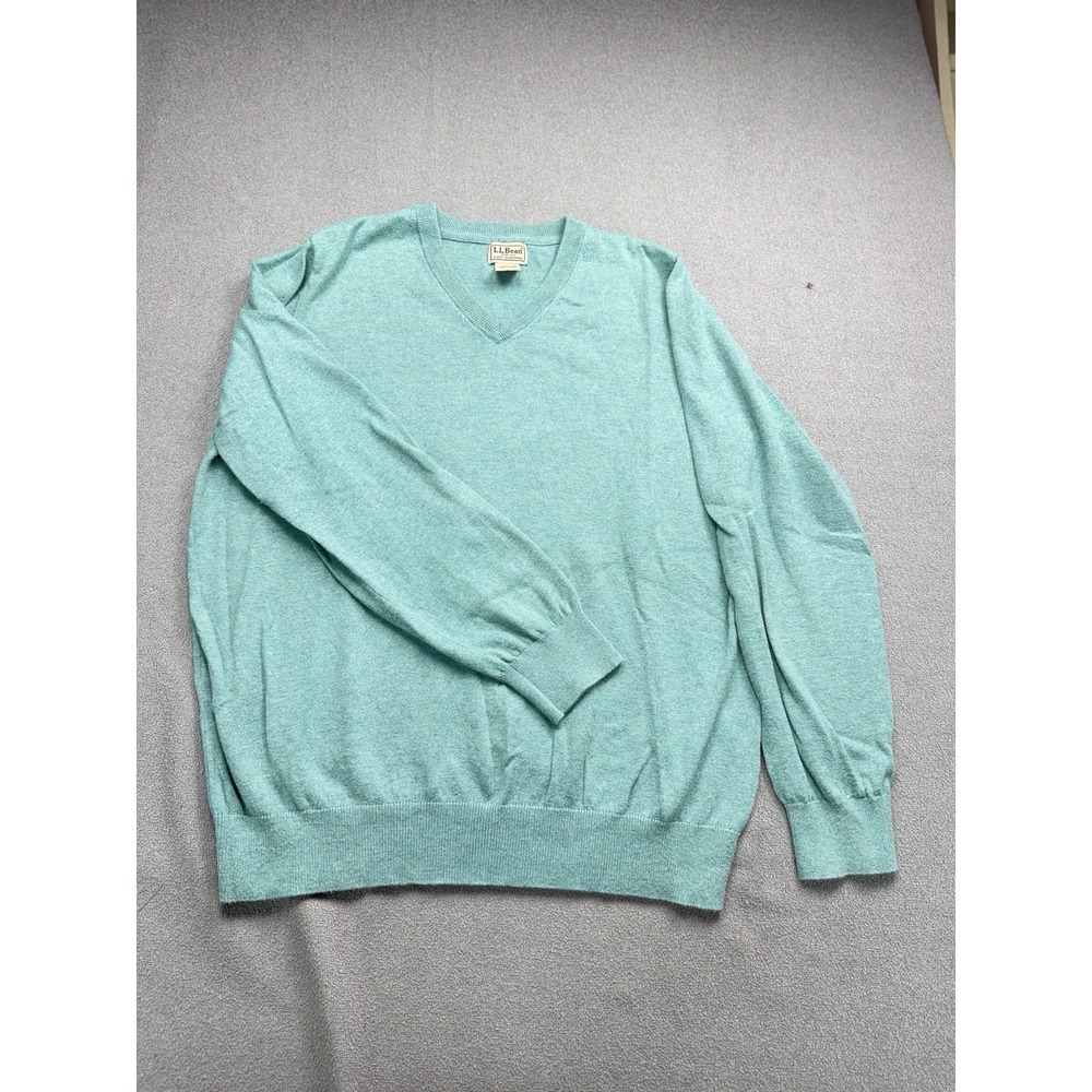 L.L. Bean Sweater Men's Large Teal V Neck Cotton Cashmere Pullover